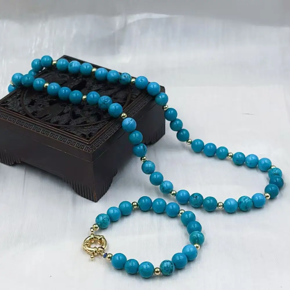 8mm Blue Natural Turquoise Gemstone Women Chokers Necklace Bracelet Jewelry Set 18inch 7inch