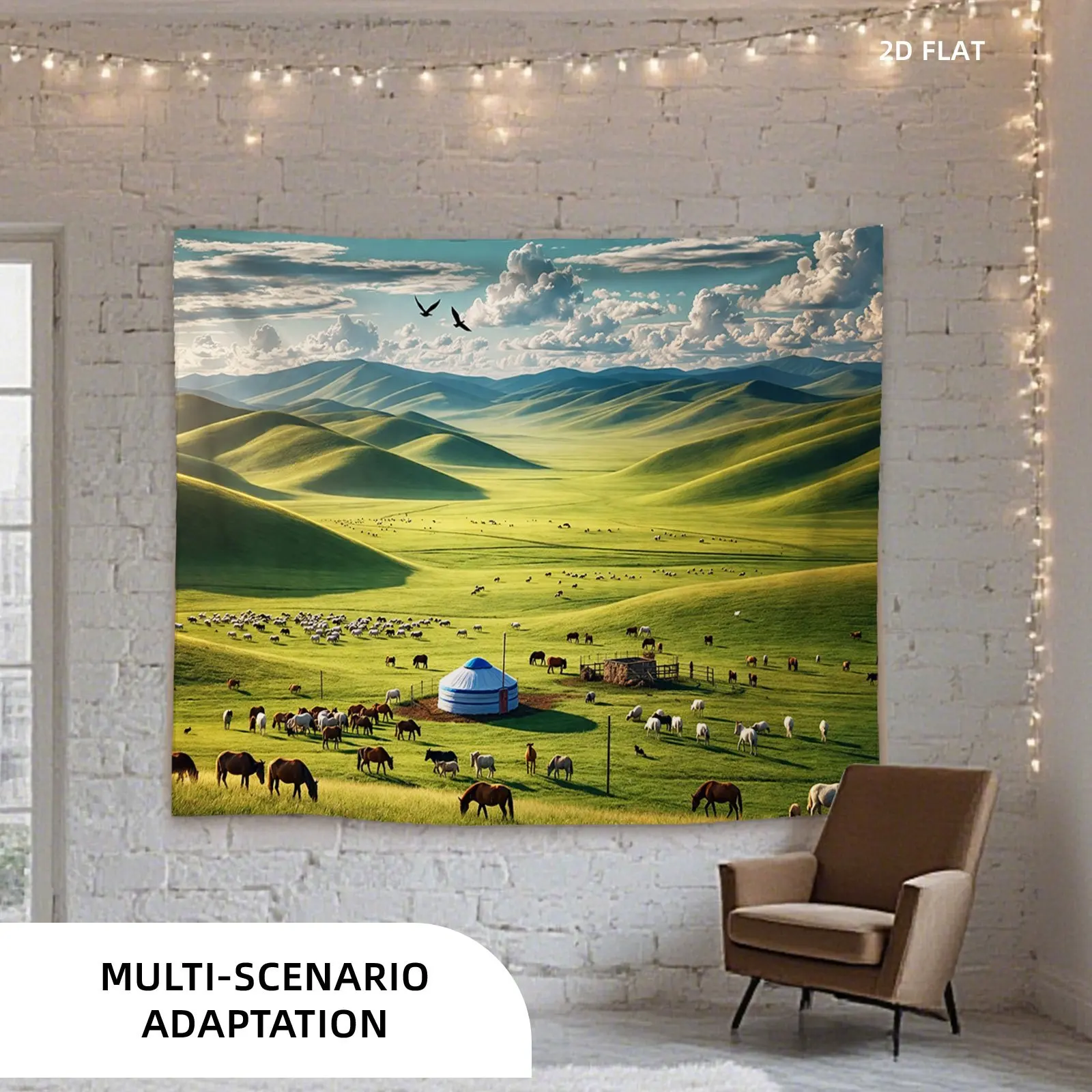 Nomadic Pastoral Tapestry Green Hills Grazing Animals Yurt Blue Sky Bedroom Living Room Meditation Office Decor