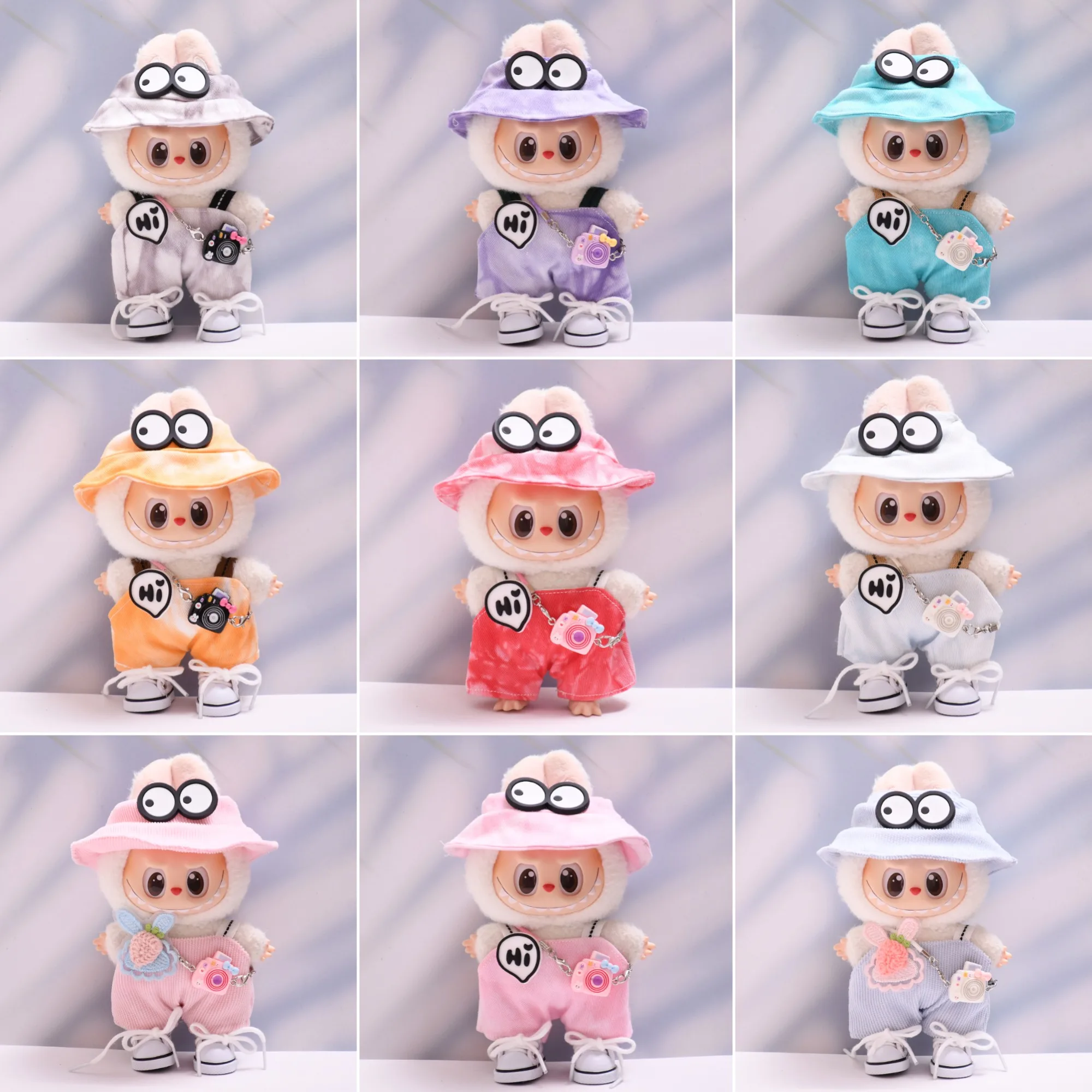 

15 /17 Cm Labubu Doll Clothes For 1st/2nd/3rd Gen Big Eye Tie Dye Overalls Hat Cute Camera Set Plush Toy Accessories