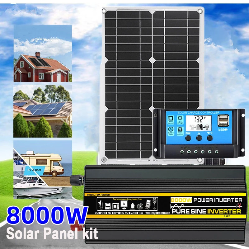 Painel Solar Onda Senoidal Pura Inversor Kit Dc12v para ac 220v 110v Sistema Solar Completo com Controlador 30a 3000w 6000w 8000w