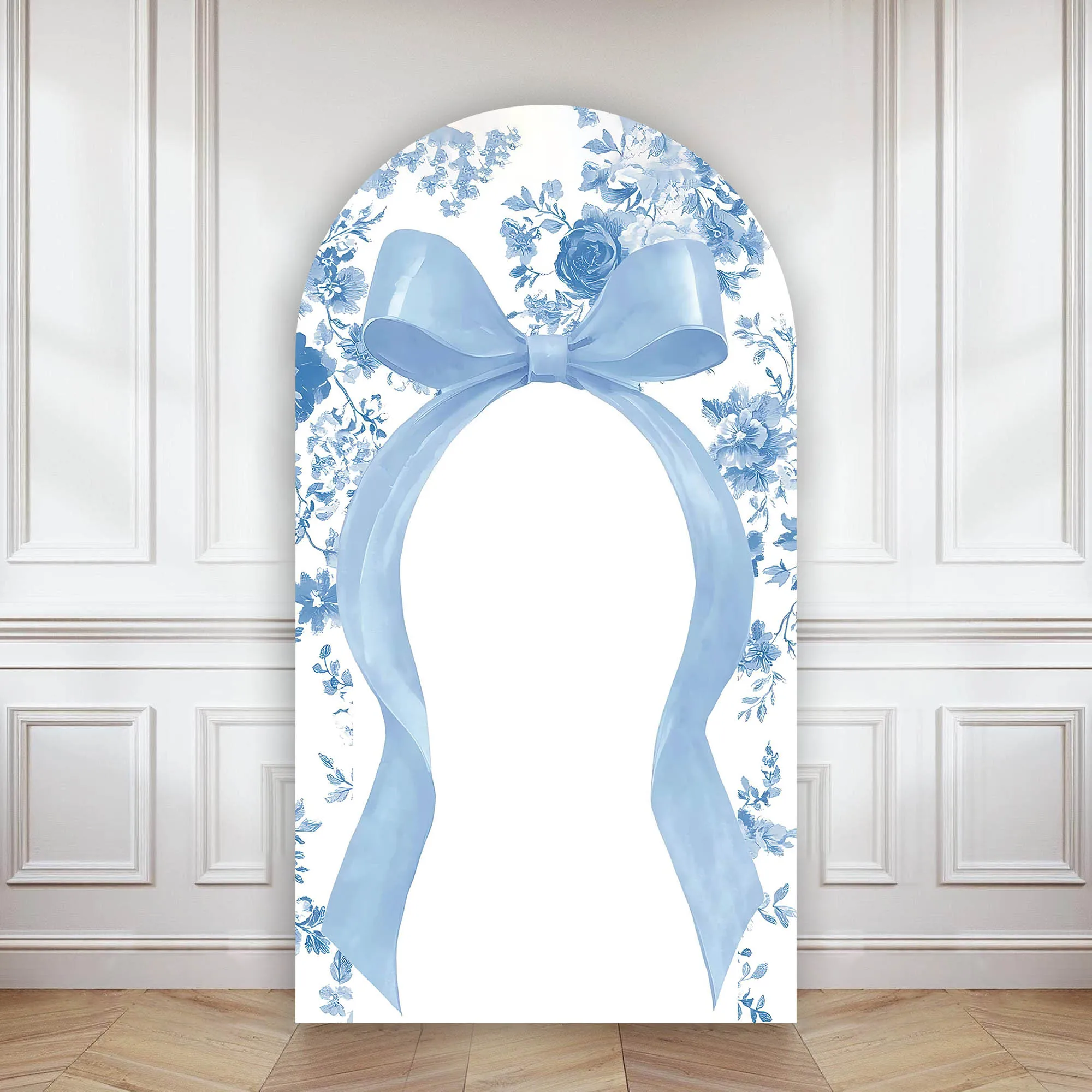 Mehofond Custom 2-Sided Blue Flower Toile Bows Kids Birthday Party Baby Shower Covers Chiara Arch Wall Background Decor Backdrop