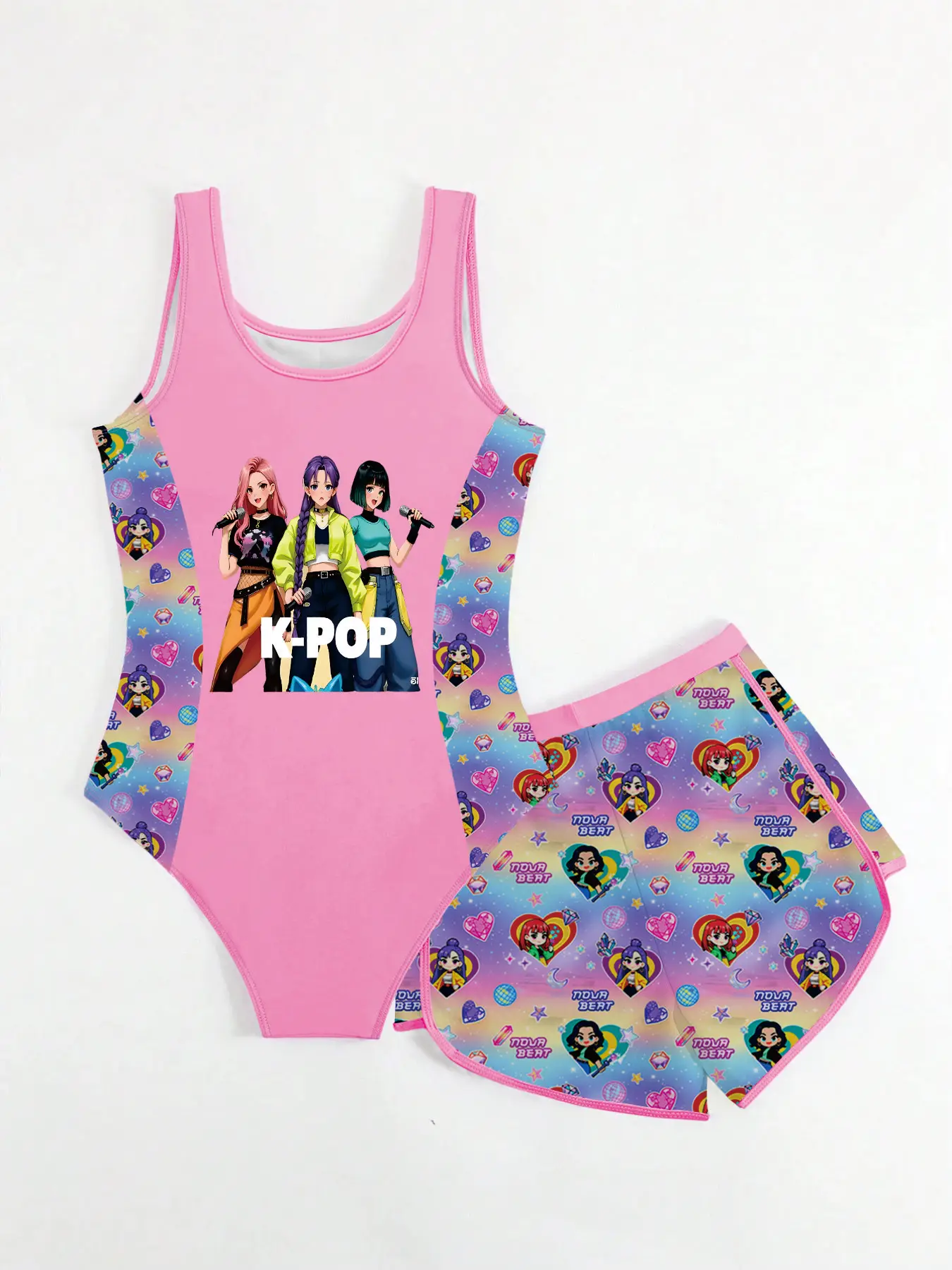 Kids Girls 2-Piece K-POP Anime Print UPF 50+ One-Piece Swimsuit & Shorts Set Summer Beach Pool Quick Dry Swimwear