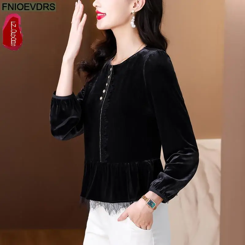 Black Velvet Retro Vintage Tassel Peplum Tops New Design Women 2024 Autumn Long Sleeve Sequined Button Belly Basics Shirt Blouse