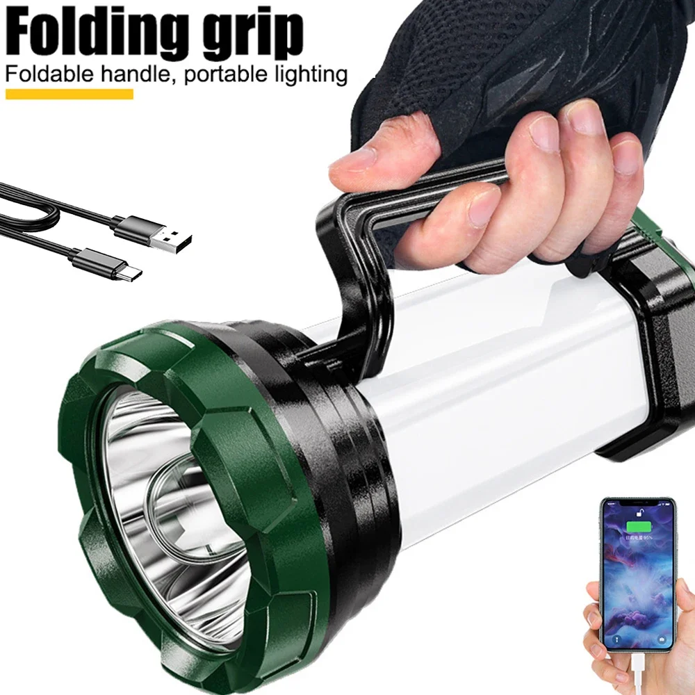 Portable LED Searchlight USB-C Rechargeable Flashlight Outdoor Waterproof Flood Light Output Emergency Camping Lantern Spotlight