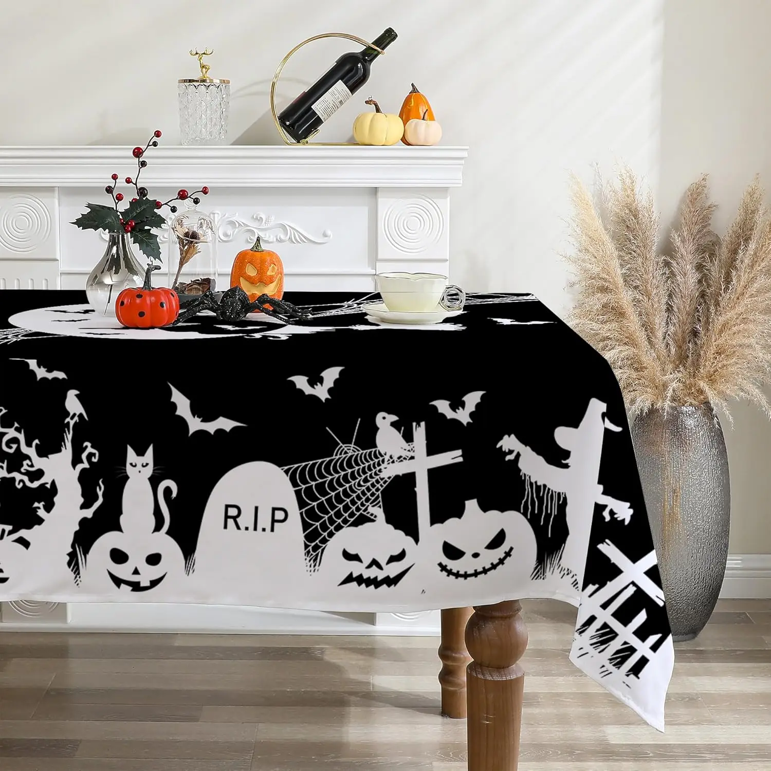 Halloween Witch Castle and Jacks Lantern Rectangle Tablecloth Dining Room Decor Waterproof Tablecloth Halloween Decorations