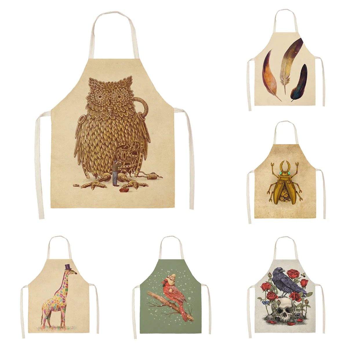Women's kitchen apron Animal oil painting style Restaurant chef barber Waterproof apron for menand child painting aaaa