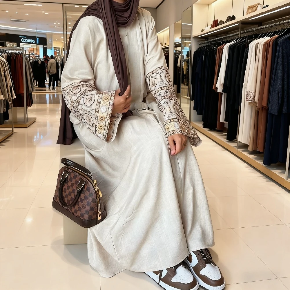여성용 면 리넨 아바야 드레스 자수 무슬림 이드 로브 모로코 라마단 아바야 카프탄 이슬람 카디건 두바이 아랍 롱 로브