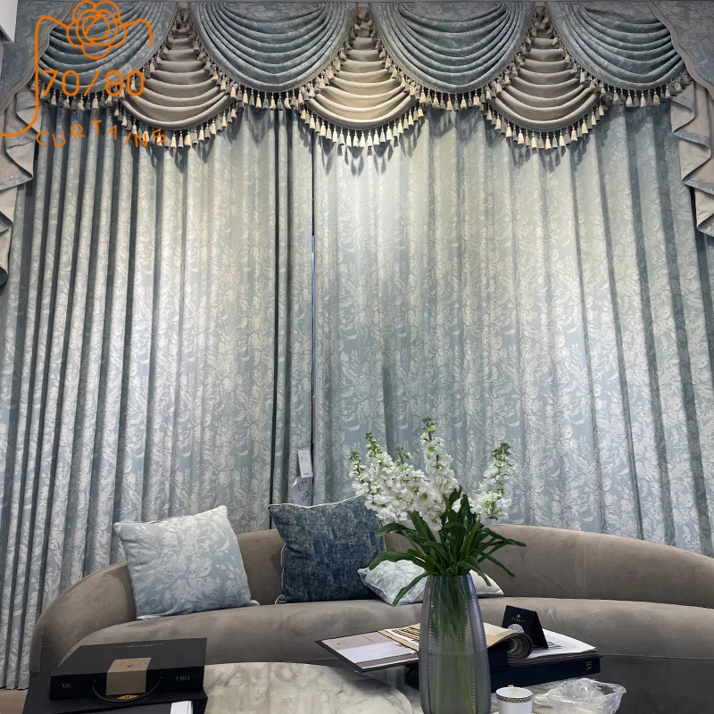 Luxury French Jacquard Grey Blue Thickened Blackout Curtains for Living Room Bedroom Balcony French Window Customized Valance