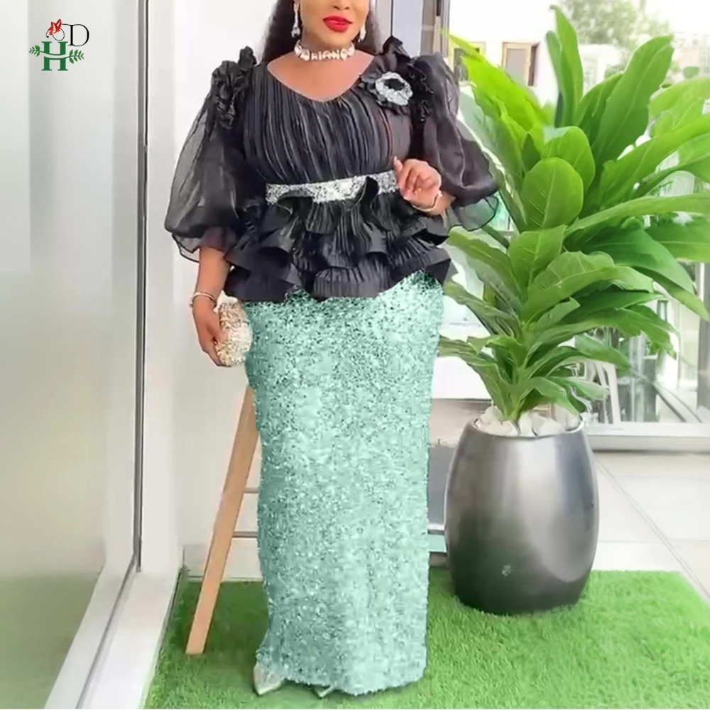 

H & D африканские платья для женщин, новинка 2025, вечернее свадебное платье больших размеров, платья с блестками, элегантные марлевые топы, одежда с пышными рукавами