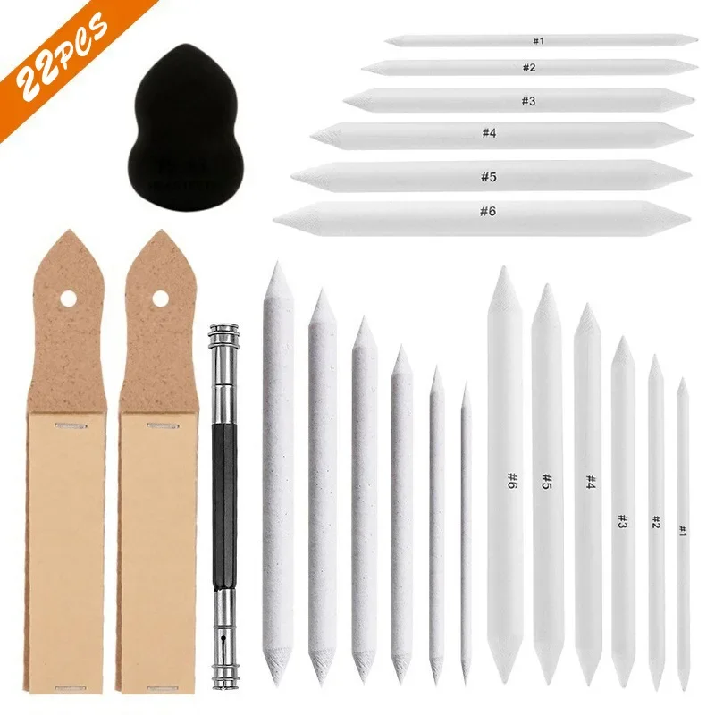 22pcs מיזוג גבשושיות נייר אמנות בלנדרים עם נייר זכוכית מחדד עפרון אמן כלי שרטוט פחם