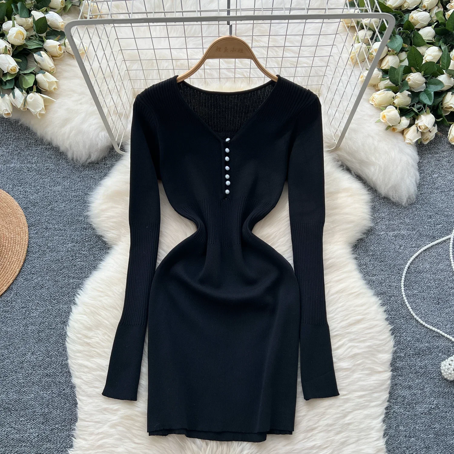 Branco moda botões mini vestido outono inverno manga longa preto camisola vestido vintage cintura fina bodycon vestidos de festa curtos