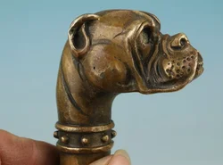 lucky Handmade Bronze Carving Dog Collect Cane Walking Stick Head Statue