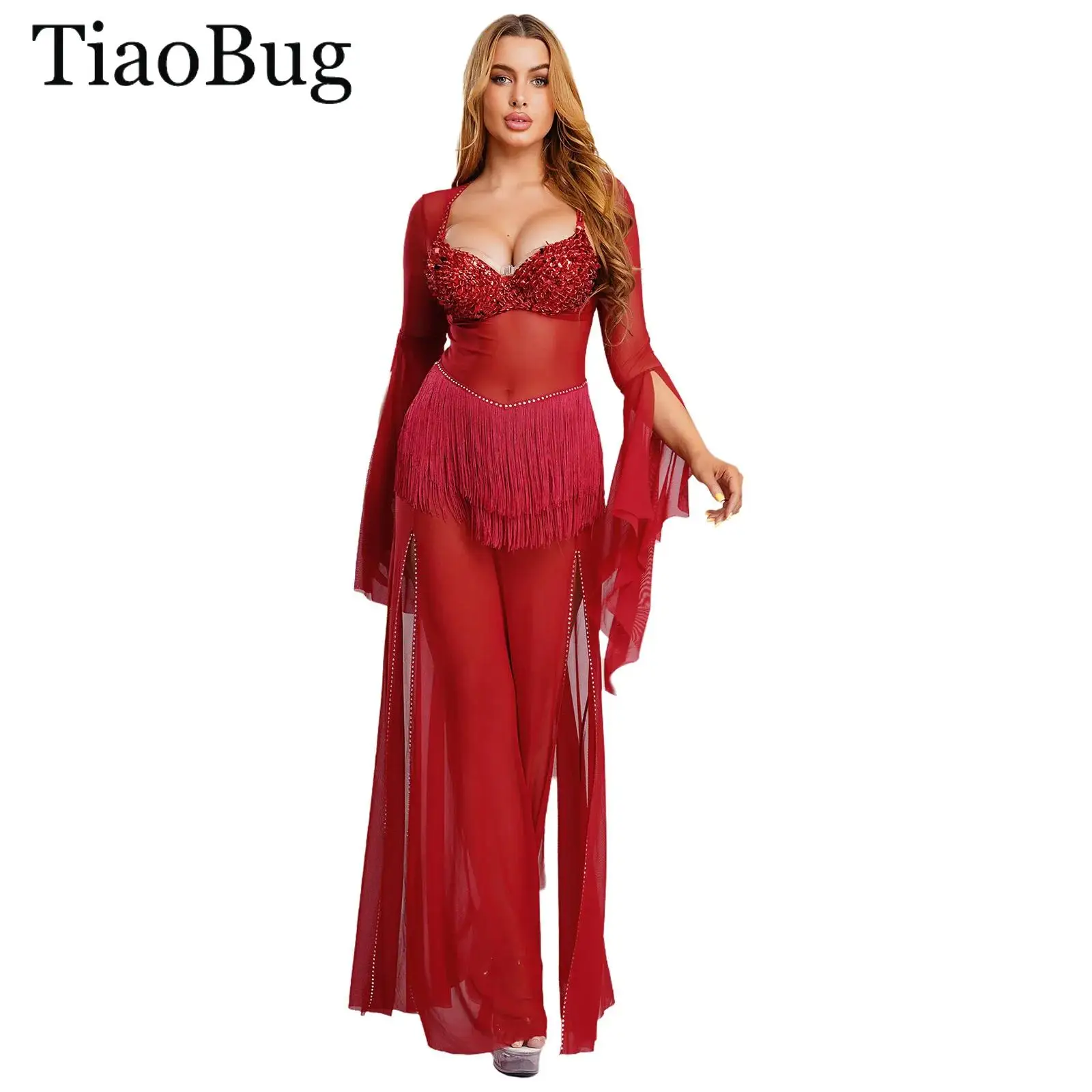 

Womens Egyptian Belly Dance Dress Bell Sleeve Tassel Waist Mesh Rhinestone Trim Slit Maxi Dress Wedding Nightclub Performances