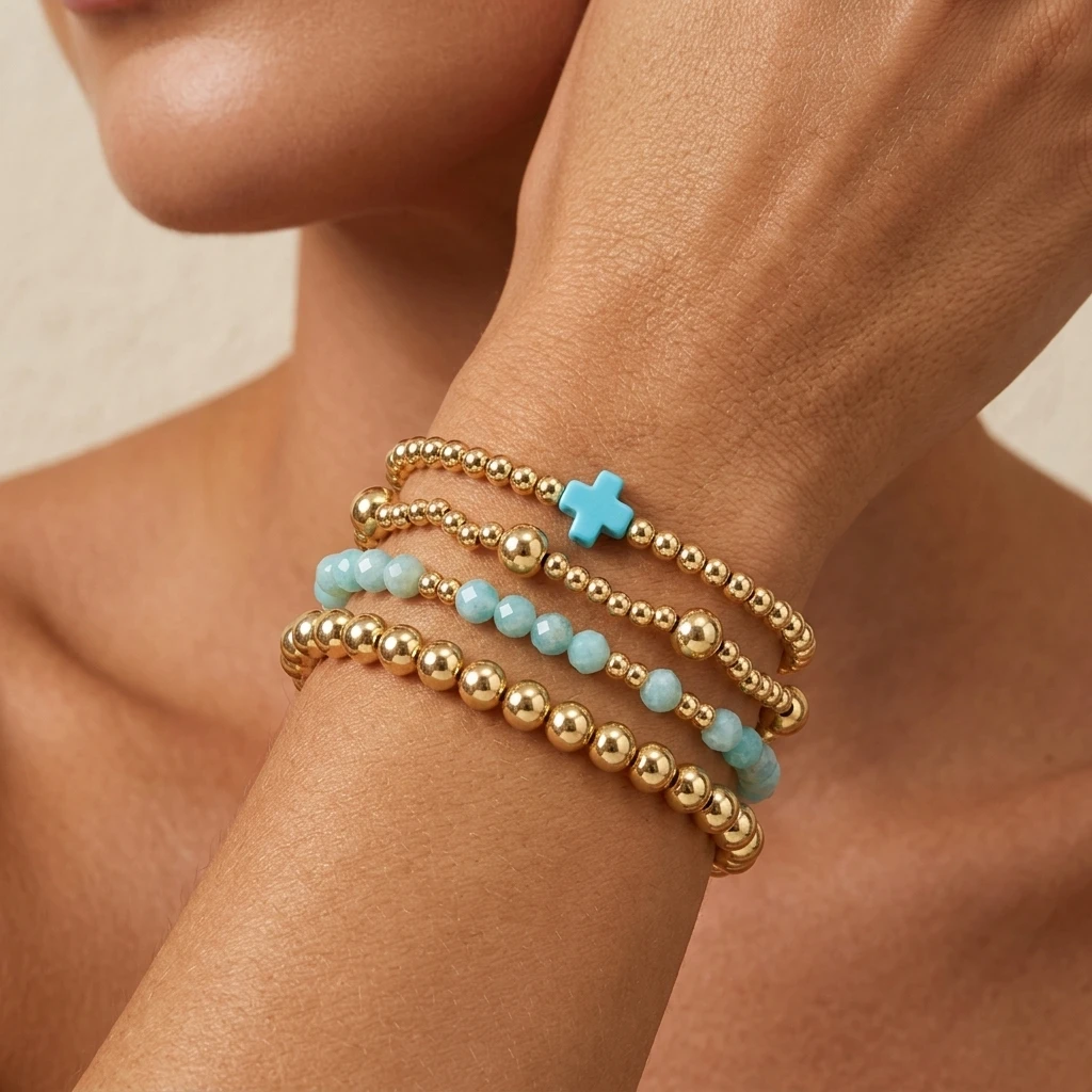 

Набор из 4 медных браслетов с богемными крестами и бусинами, золотистого цвета, многослойные, эластичные, для женщин