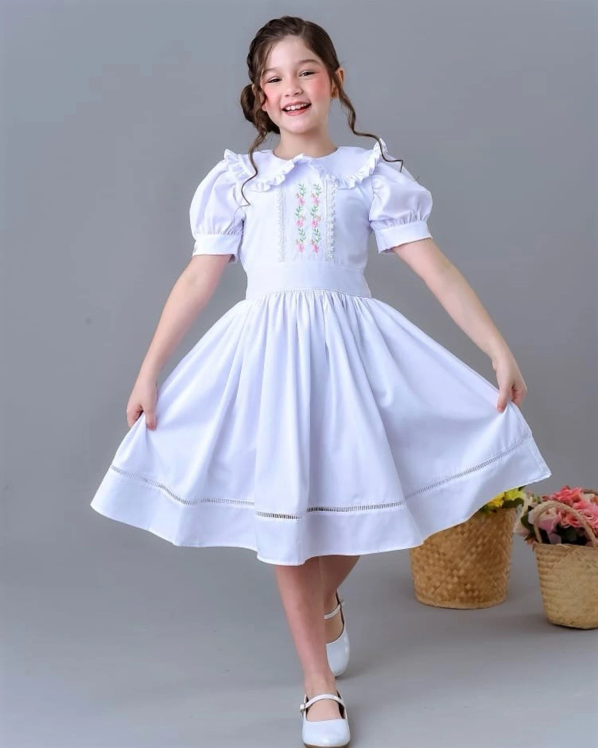 Summer Girl Sweet Flower Leaf Embroidered White Dress for Casual Party Birthday Wedding Photography