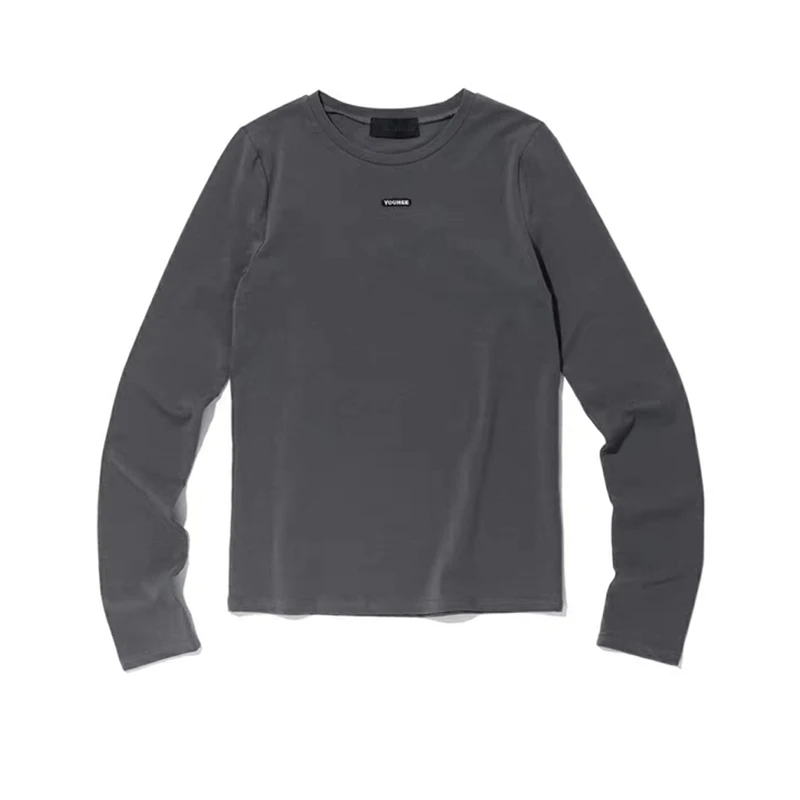 เสื้อยืดลำลองทรงเข้ารูปสำหรับผู้หญิง ปักโลโก้ สไตล์สลิมฟิต แขนยาว สีพื้น สำหรับฤดูใบไม้ผลิ สไตล์สตรีท