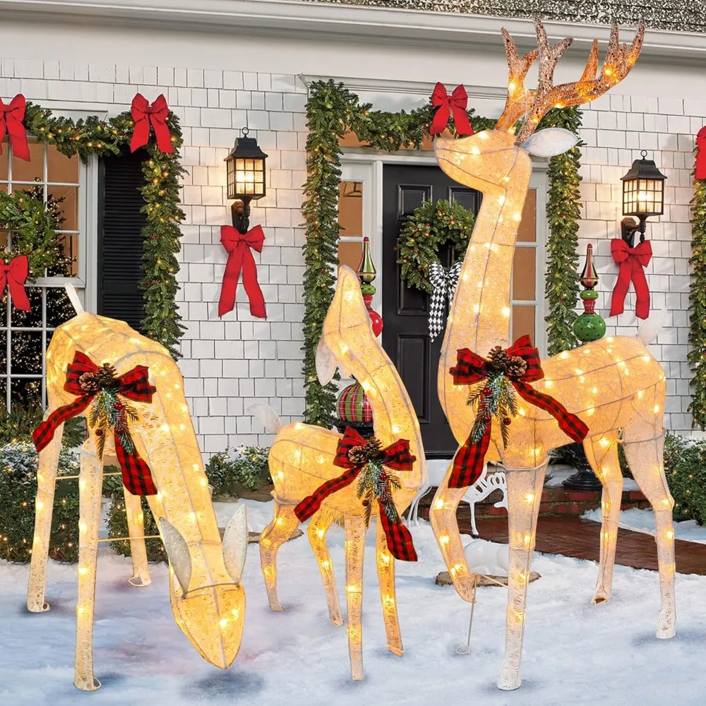 3-Piece Pre-Lit Christmas Reindeer Family Set, 3D Plug in Count Decoration, Waterproof Deer Decor for Yard Lawn Garden Party