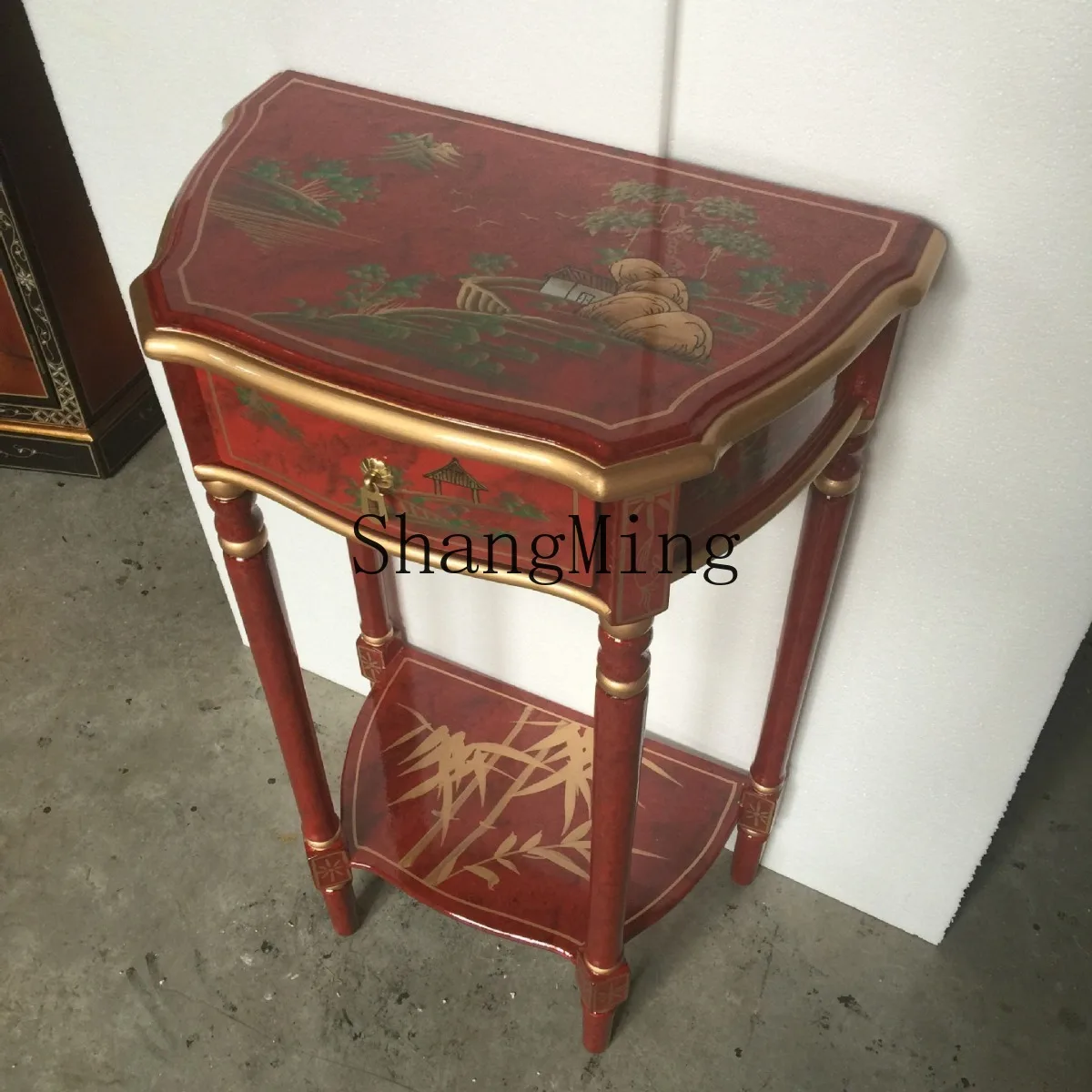 

SM household classical edge flower stand solid wood corner few hand-painted landscape bucket table locker