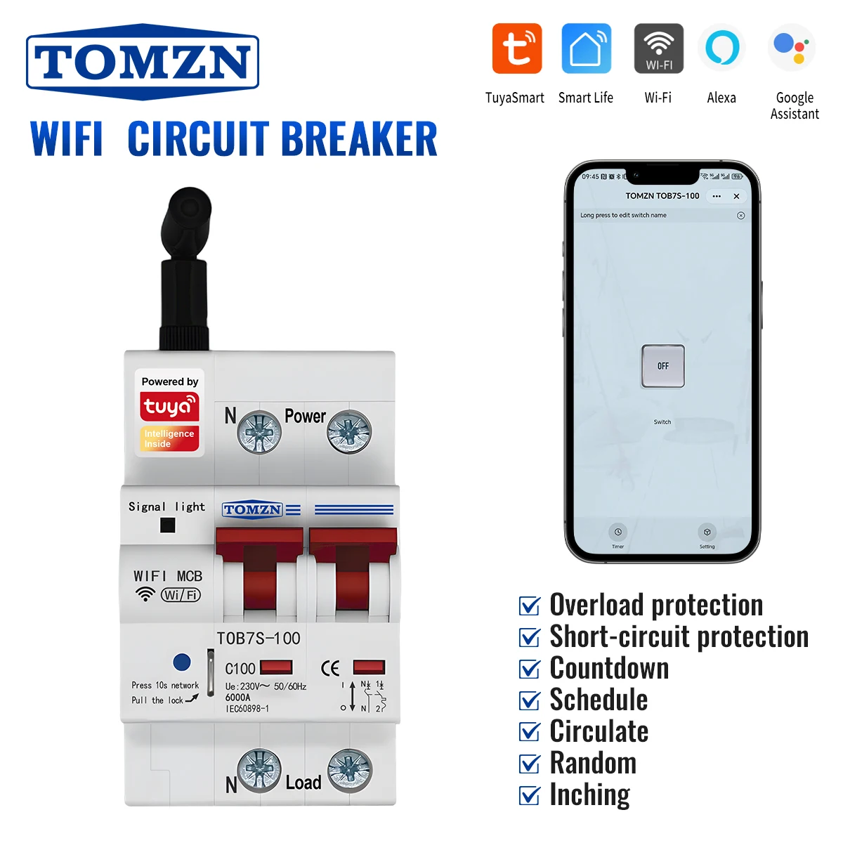 TOMZN WIFI Smart Circuit Breaker 2P 230V AC 1-100A Overload Protection Short-circuit Breaker Timer Switch Din Rail Smartlife