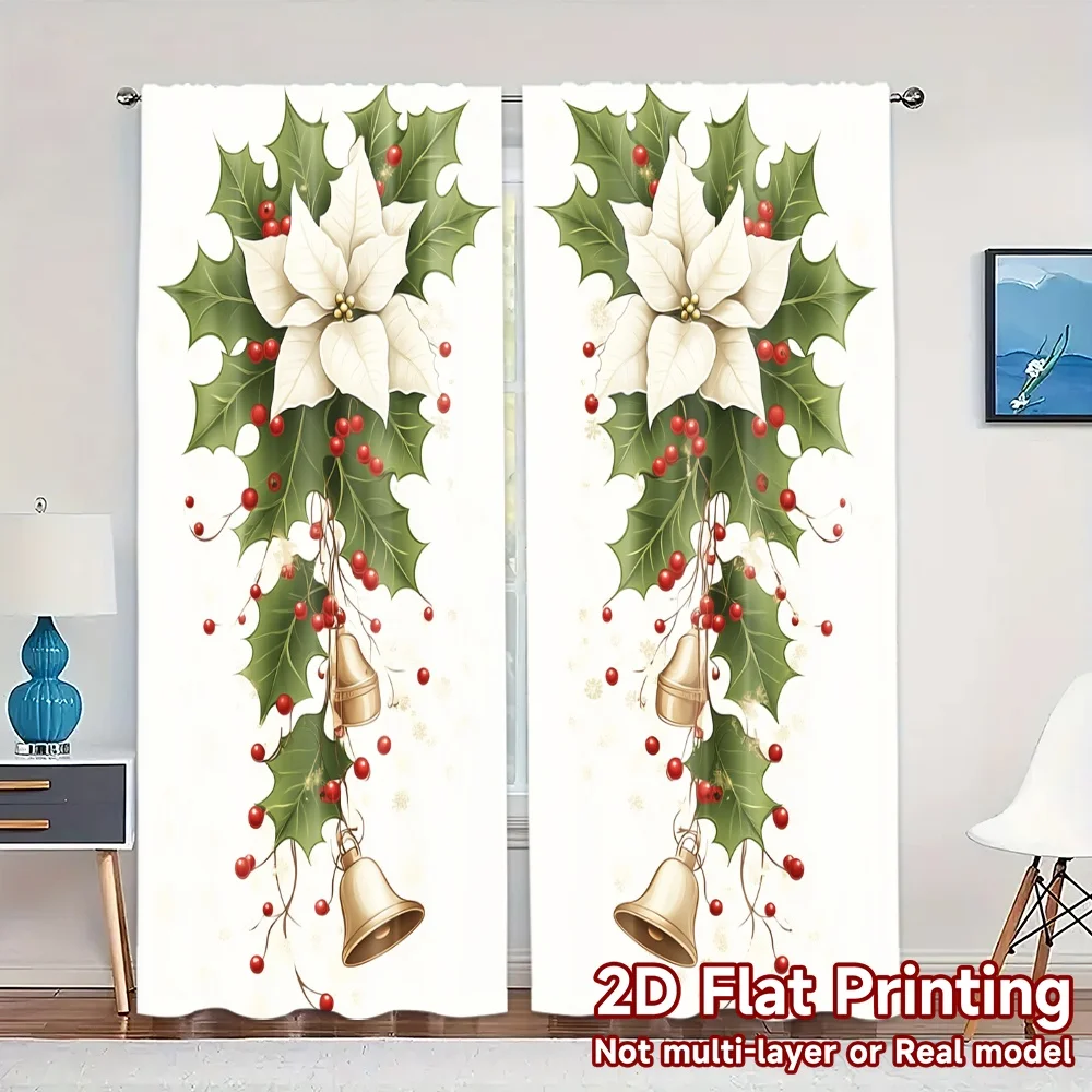 2pcs,Curtains Christmas Bells Holly Flowers (3) Chic Pattern Curtains Polyester Easy Install Curtains Decorations Suitable for
