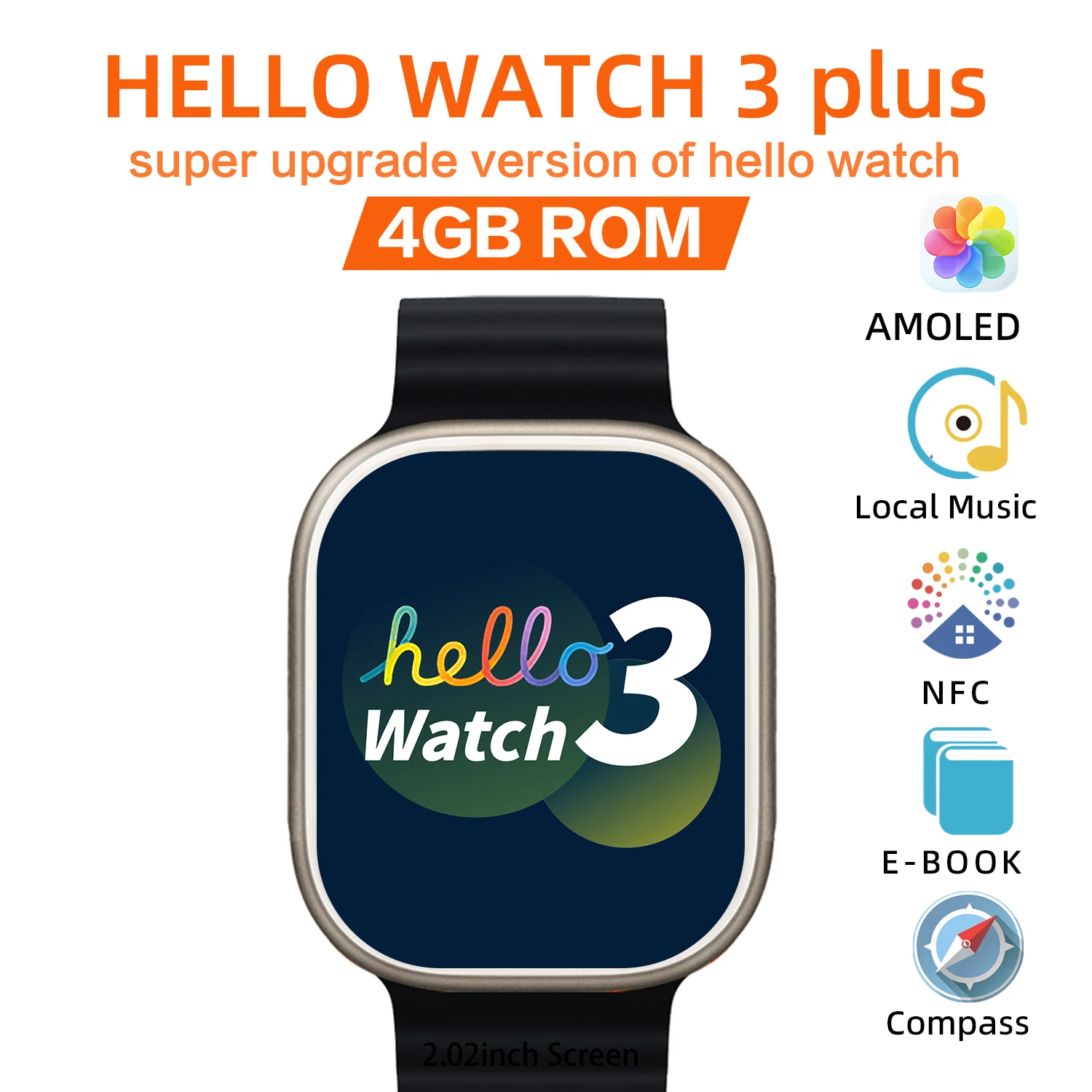 Hello Watch 3 Plus Smart Watch Men AMOLED NFC Compass Smartwatch Always on Display 4GB ROM Local Music for Android IOS New