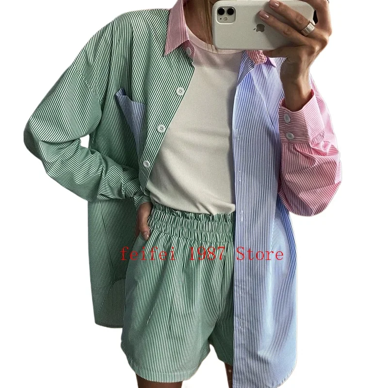 2022 abbigliamento femminile monopetto a righe Color block camicia a maniche lunghe Top due pezzi moda Casual abito corto