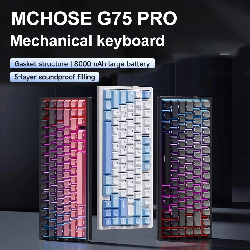 MCHose G75 Pro Mechanical Keyboard, Tri-Mode Wireless, Hot Swap, RGB Backlit, 8000mAh Battery, 75% Layout, Ergonomic for Gaming