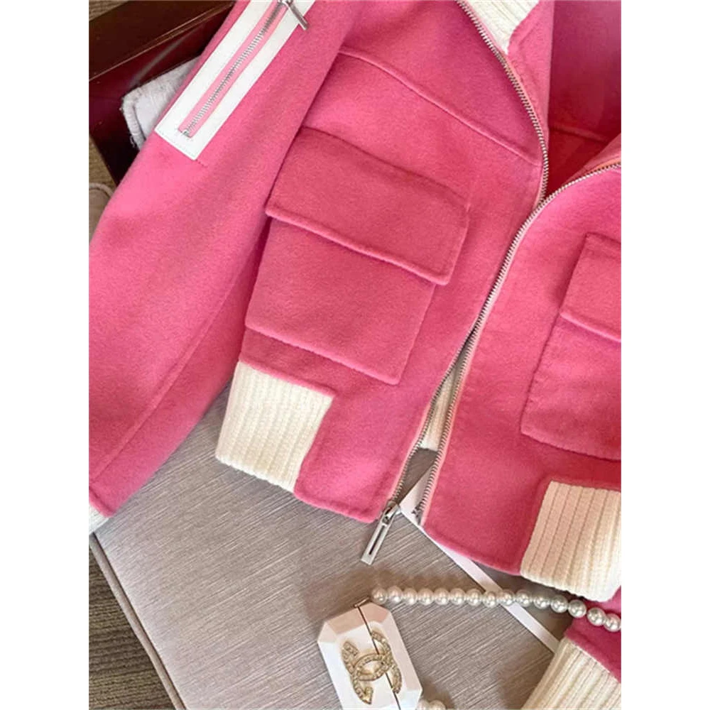 Women Pink Cropped Woolen Overcoat Long Sleeve Outerwear Vintage Harajuku Korean Loose Baseball Jacket Coat 2000s Clothes Winter