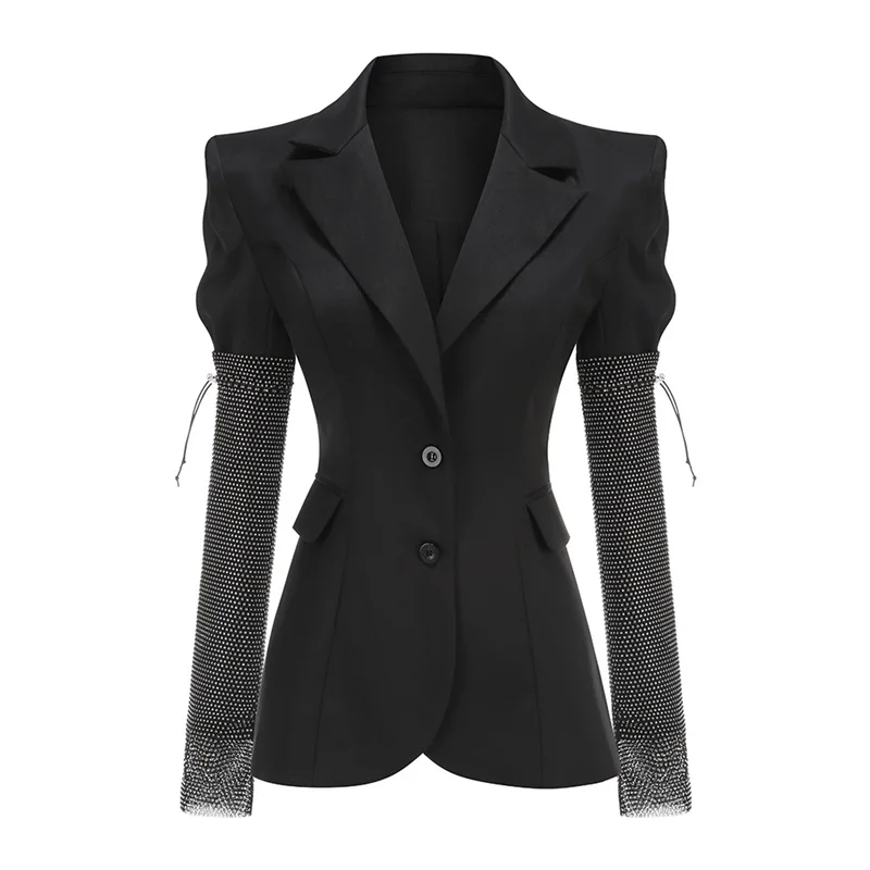 Luxury Crystals Women's Suit Blazer With Detachable Sleeves Party Jacket Coat Single Breasted Formal Birthday Red Carpet Outfit