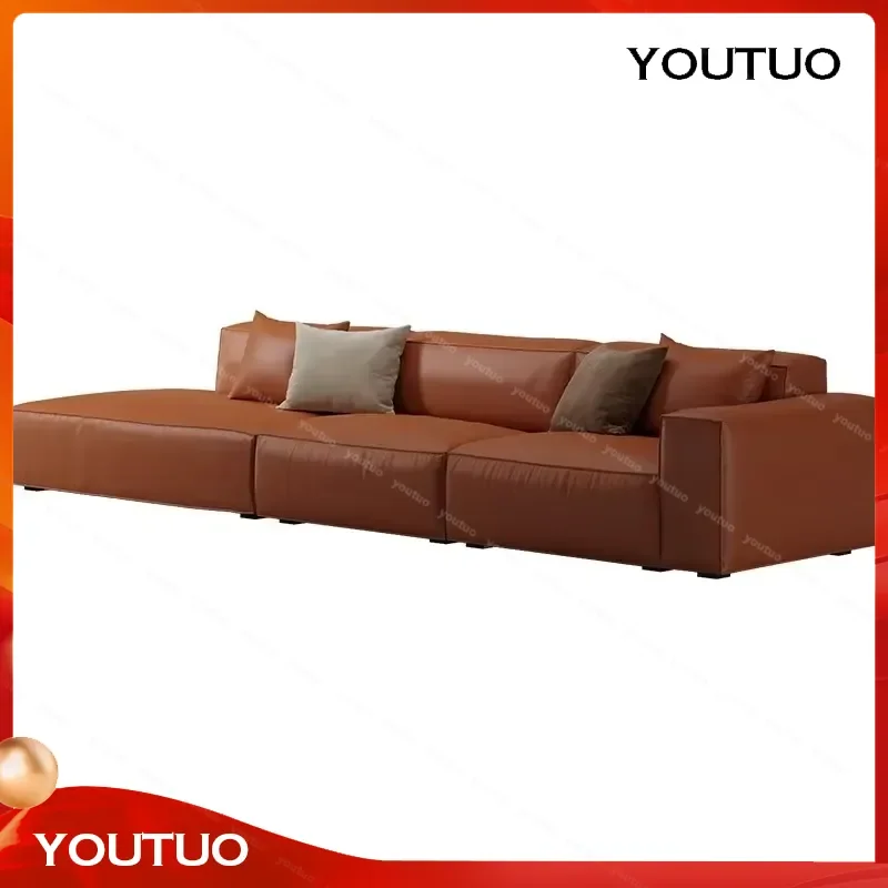 Genuine Leather Top Layer Cowhide Sofa Italian Minimalist Modern Design with Solid Wood Frame Customizable  Living