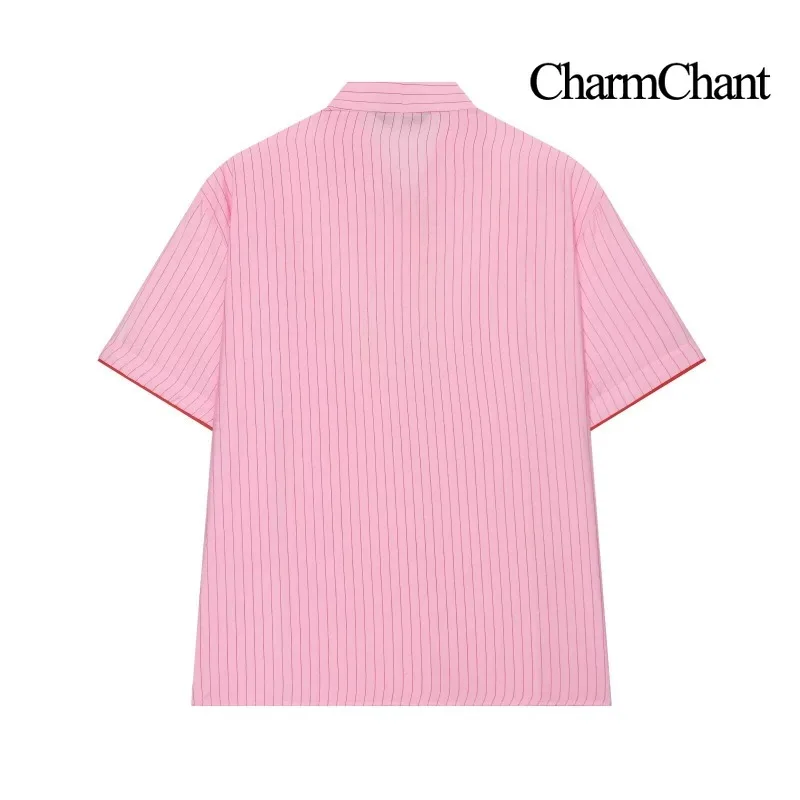 CHARMCHANT Women's Pink Striped Bow Tie Neck Short Sleeve Blouse Contrast Piping Asymmetric Button Vacation Shirt Summer 2026