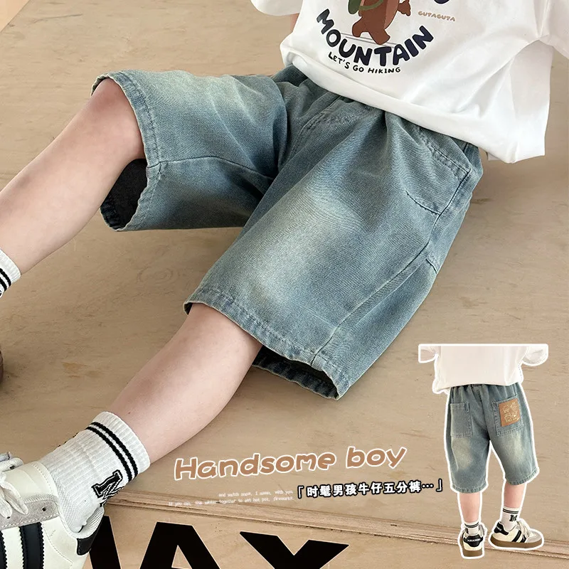 Boys' jeans shorts summer wear 2025 new style children's five quarter pants loose casual shorts