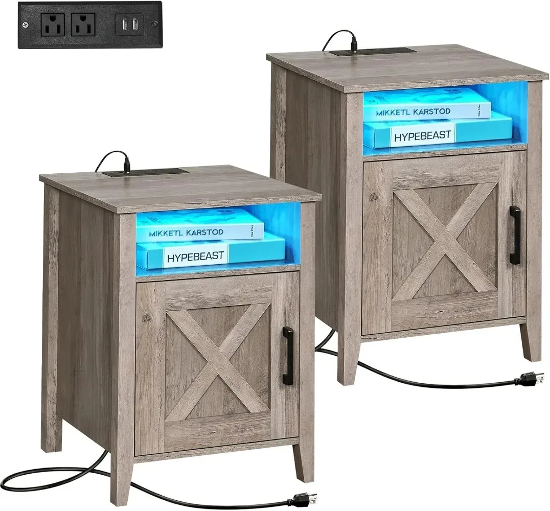 Nightstand with LED Strip Lights and Charging Station Set of 2, Farmhouse Style End Table with Barn Door and Shelf,Bedside Table