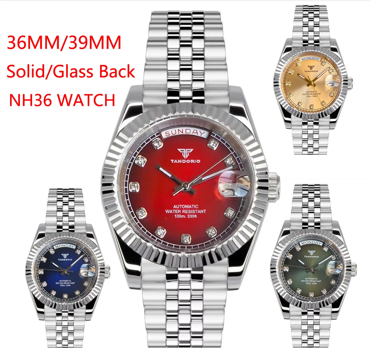 New Design Weekday Diamond Index Fltued Bezel Tandorio 36/39mm Sunburst Dial NH36 MenWatch Sapphire Middle Polished Bracelet