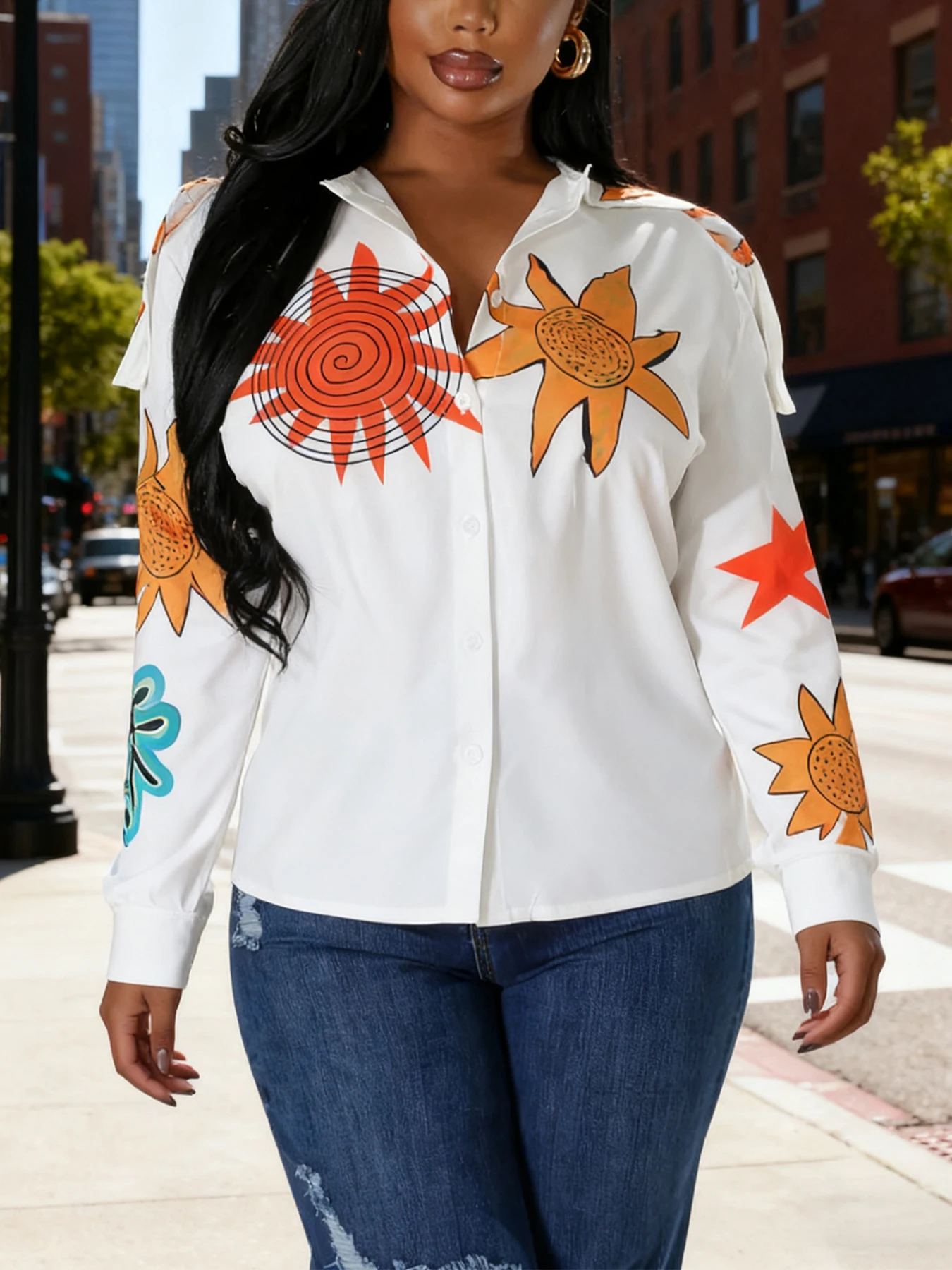 

Женская модная повседневная блузка с длинными рукавами и воротником на пуговицах с принтом подсолнухов, подходит для повседневной носки и прогулок.