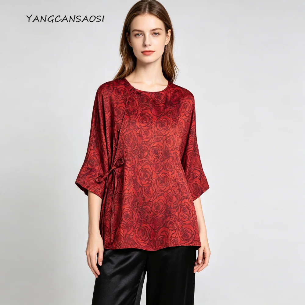 Women's Fashion Clothing 100% Natural Mulberry Silk Fragrant Cloud Yarn Rose Jacquard Round Neck Three-quarter Sleeve T-shirt