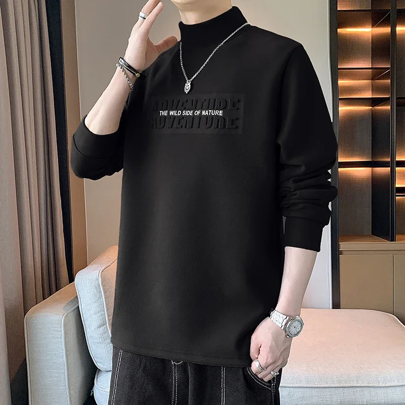 Letter Foam Printing Hoodies Men 2025 Spring Harajuku Mock Neck Sweatshirt Mens Gothic Hip Hop Oversized Streetwear Pullover Top