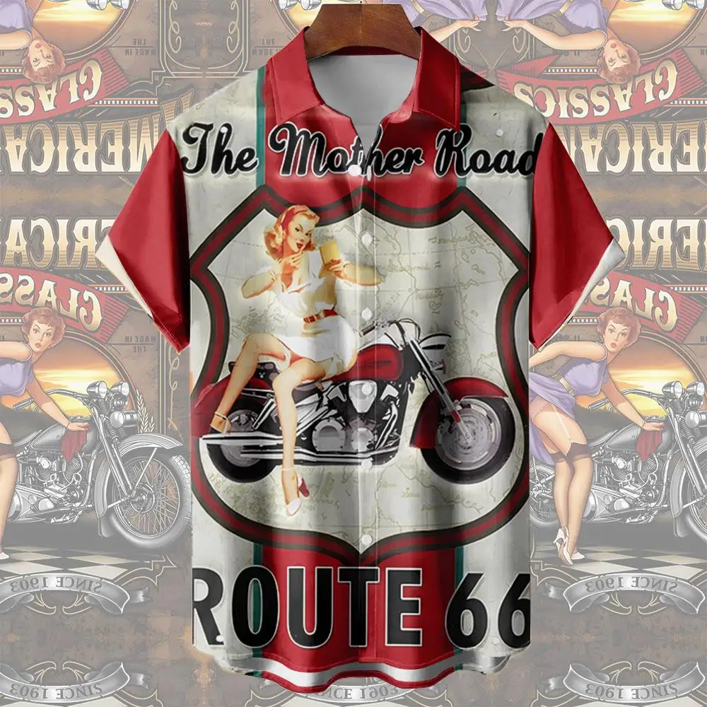 Motorcycle Men's Shirts Route 66 Classic Tees 3d Print Short Sleeve Top Summer Clothes Route 66 Pattern Blouse Oversized Shirt