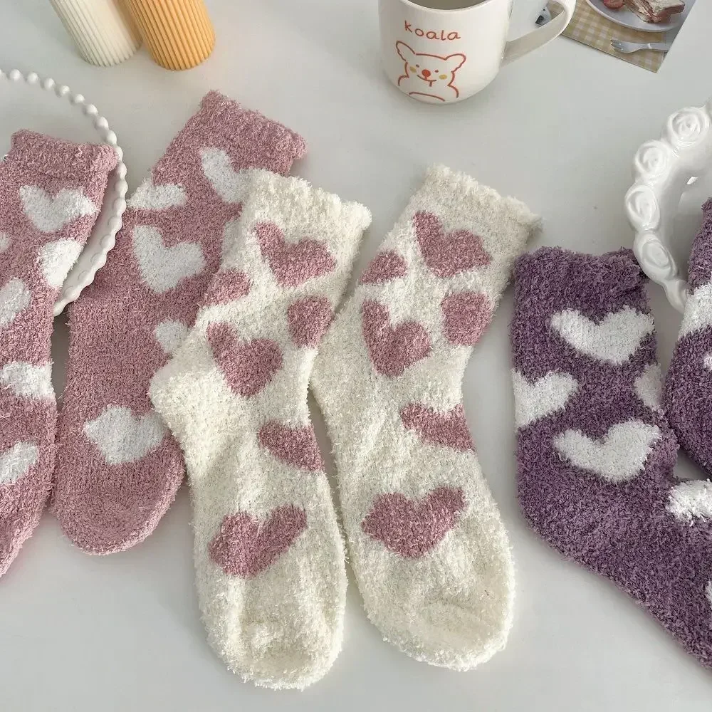 

Winter Warm Kawaii Love Heart Fluffy Coral Fleece Socks for Women Soft Coral Velvet Sock Indoor Floor Casual Slippers Sox