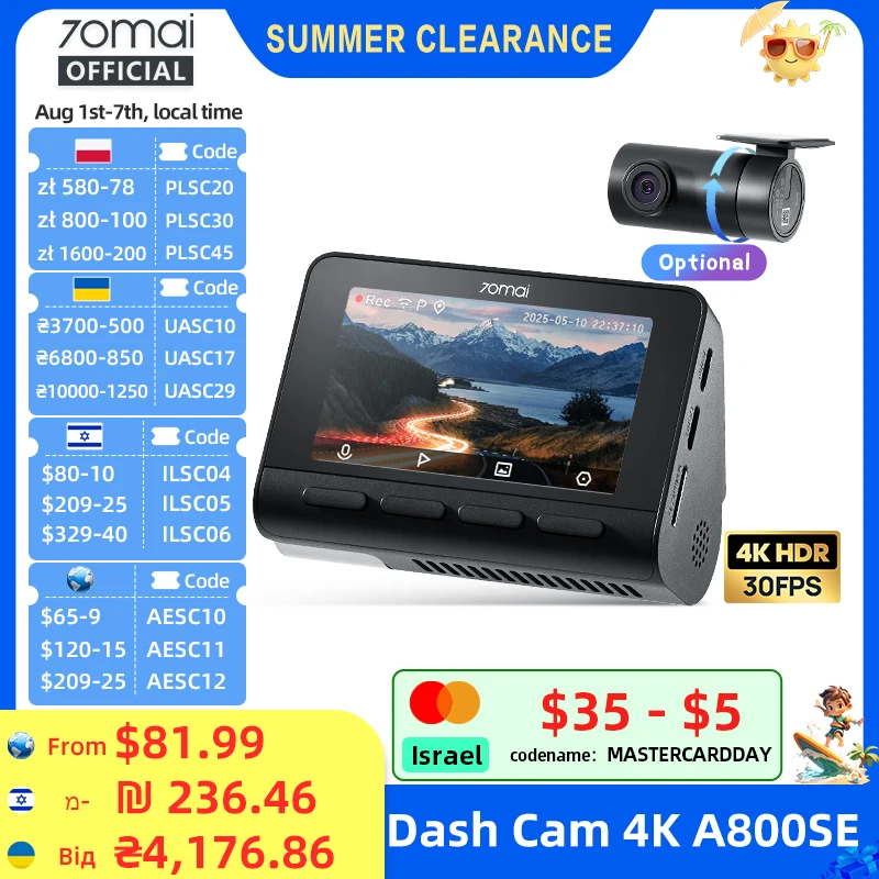 70mai 4K Dash Cam A800SE Ulepszona Wersja 70mai A800S Sterowanie Głosowe Superkondensator GPS ADAS Rejestrator…