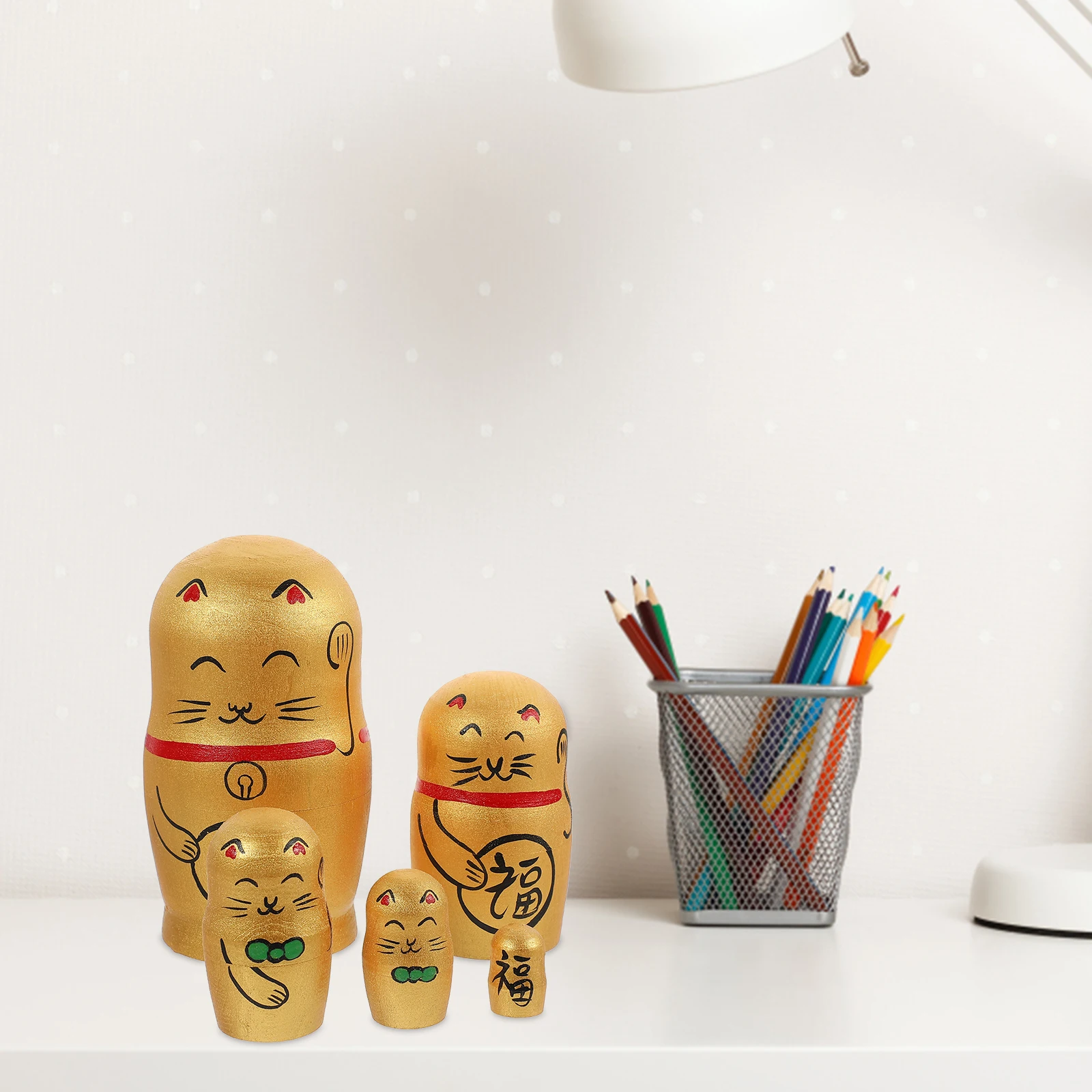 

Lucky Cat Gift Home Decor Cute Figurines Matryoshka Golden Wood Russian Toy