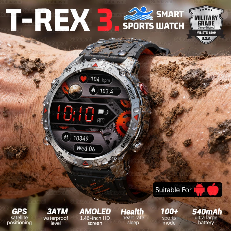 

T-REX3 Спорт на открытом воздухе Смарт-часы для мужчин Военное качество 1,46-дюймовый AMOLED HD-дисплей Сердечный ритм BT Вызов 3ATM Водонепроницаемый браслет для мужчин