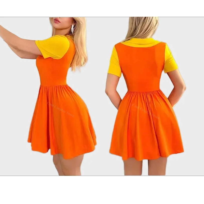 

Halloween Movie Outfit Women Kids Korean Game Cosplay Costume Two Tone Crew Neck Mini Dress Short Sleeve Ruffle A Line Dresses