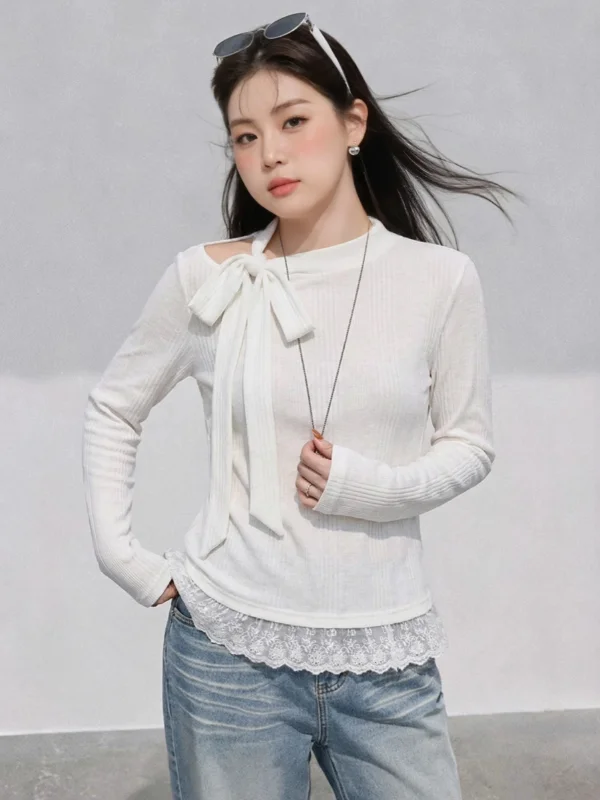 Camiseta interior de encaje para mujer de talla grande, estilo coreano con nudo, ajuste ceñido, para otoño e invierno, moda para el día a día