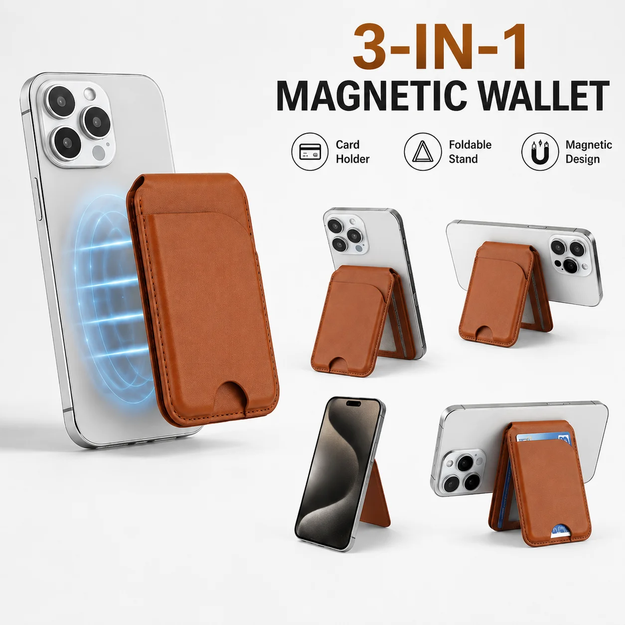 Magnetische Leder-Brieftaschenhülle für iPhone 17 16 15 14 13 12 Pro Max mit 3 Kartenfächern, faltbarem Ständer und Business-Stil-Tasche
