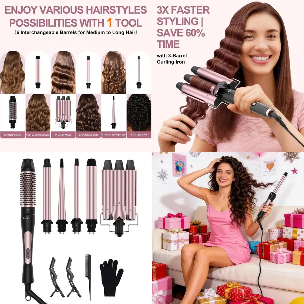 

6-in-1 Curling Iron Set with 3 Barrels, Thermal Brush, 5 Ceramic Wands, Portable Multi-Curl, Fast Heat-Up