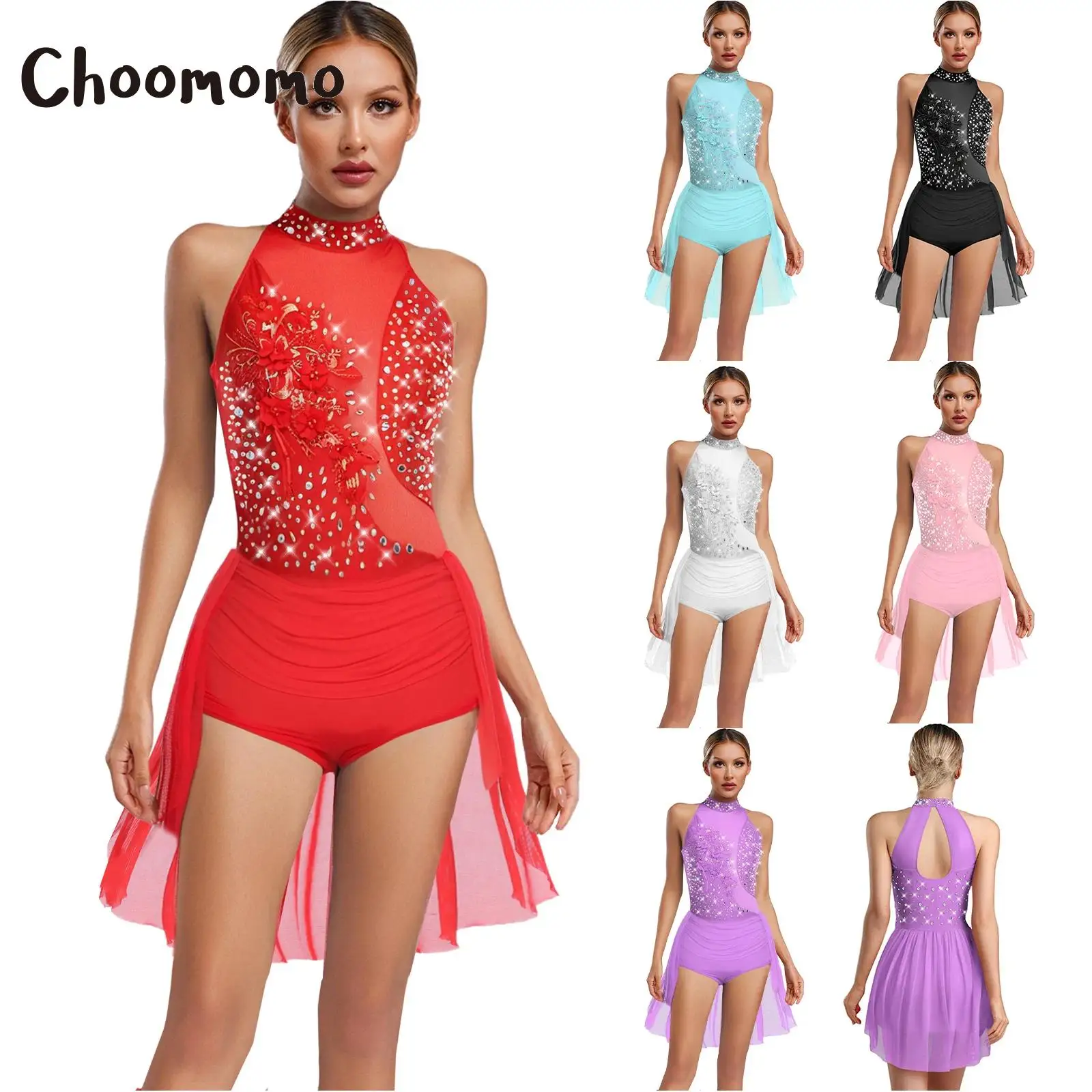 

Women Latin Cha-cha Samba Dance Performance Costumes Sleeveless Rhinestone Irregular Skirted Gymnastics Skating Leotard Bodysuit