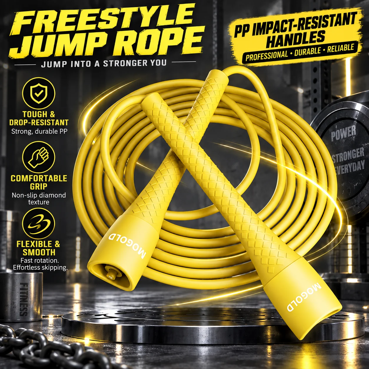 MOGOLD Professional Freestyle Jump Rope - Adjustable 3m PVC Skipping Rope with High-Strength Impact-Resistant PP Handles=