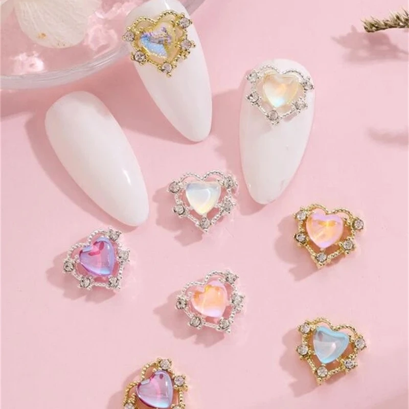 10pcs Heart Shaped Nail Charms Sparkling Rhinestones Accessories Alloy Jewelry For Manicure DIY Valentines Day Nail Art Decorati