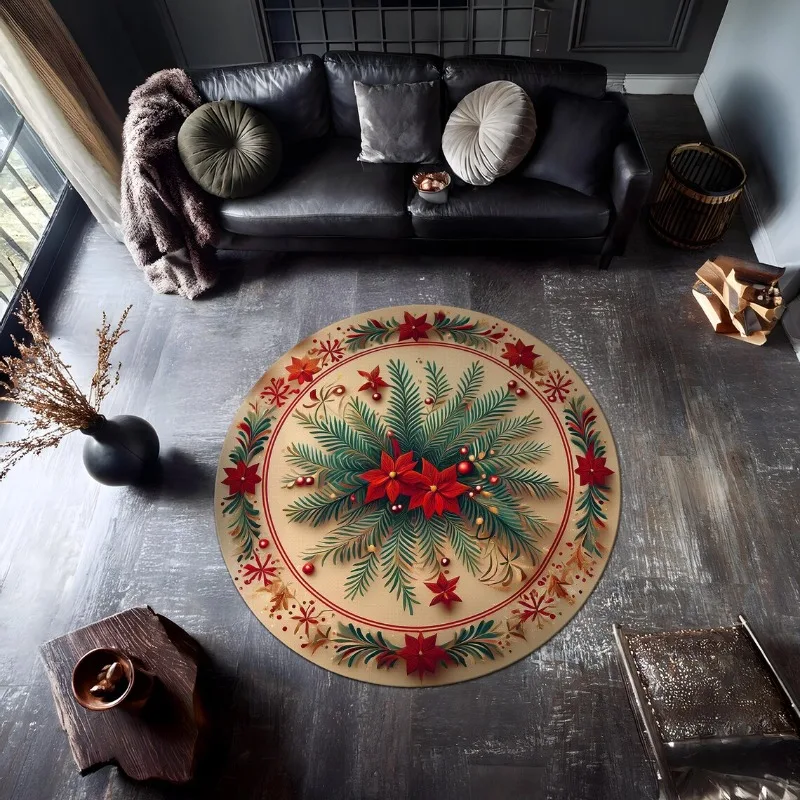 Vintage Christmas Style Print Round Mat Stain Resistant Non-Slip Carpet for Retro Dining Room Area Rug Christmas Home Decorate